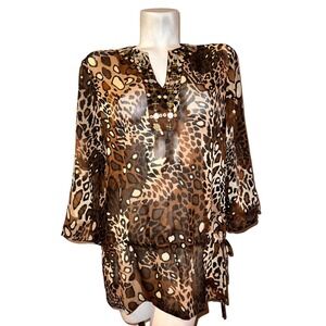Ruby Rd Womens Leopard Print Embellished V-Neck Sheer Tunic Top Brown Size 14
